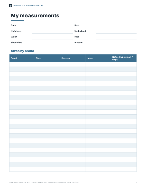 Preview of Printable Female Chest Size Chart