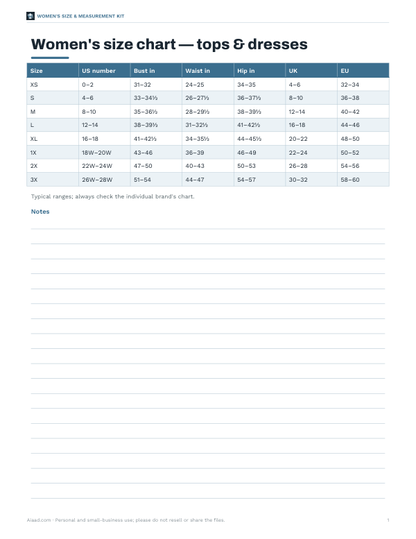 Preview of Printable Women's Size Chart